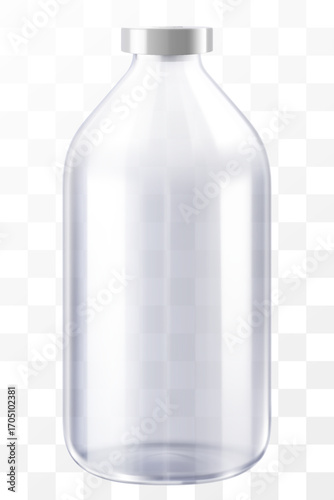 Medical Bottle. Glass Pharmacy Bottle. Drug Vial Blank. Vitamin Jar Template with Screw Lid Design. Essential Aromatic Oil Container Mockup without Label. Round Medicine Storage. Realistic 3d vector