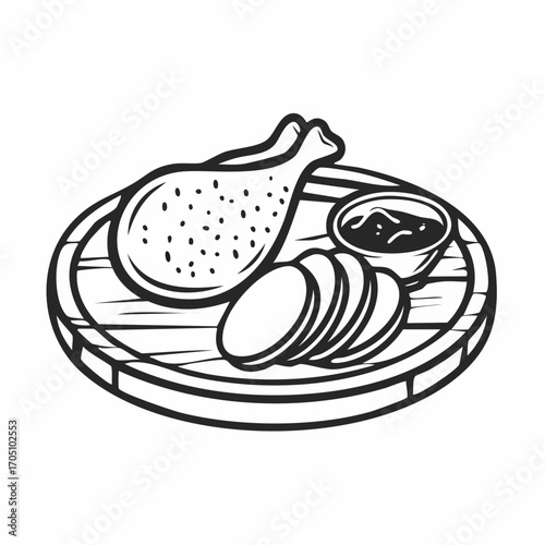 Roasted Chicken Leg with Potatoes and Gravy on Wooden Board