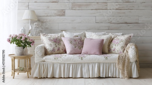 cottagecore living room full view, ruffled light cotton sofa with soft floral embroidery in dusty pastel tones, whitewashed plank wall, soft window light