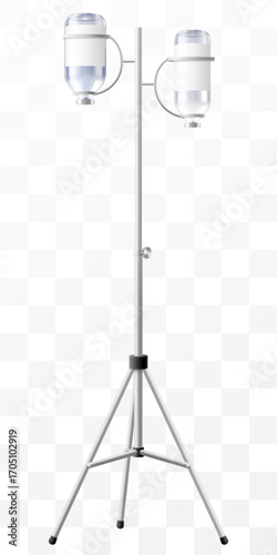 Hospital IV Stand with Drug Vials – Medical Infusion Pole with Hooks, isolated. Dropper Stand with Glass Medical Bottle. Laboratory equipment for blood transfusion. Realistic 3d Vector Illustration