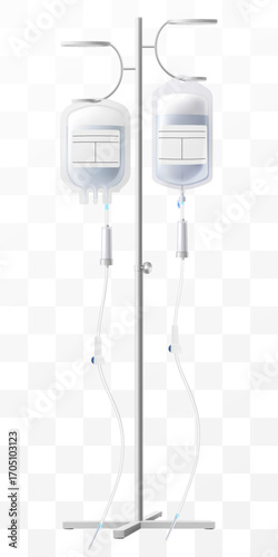 Medical drip system with bag on tube isolated on transparent background. IV Blood Bag Dropper Stand. Laboratory equipment for blood transfusion. Realistic 3D vector illustration.