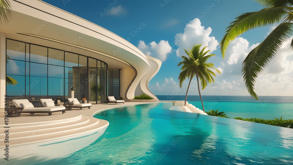 Fototapeta premium A luxurious villa with an infinity pool overlooking the ocean on a tropical island paradise