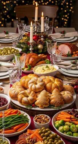 Festive holiday table laden with a spread of breads, meats, veggies, and other traditional feast foods