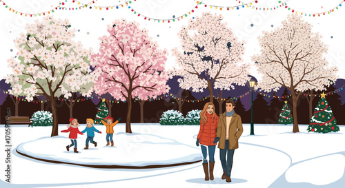 Winter park scene with snow-covered ground, children playing, couple walking, festive Christmas trees, colorful string lights, cold weather, holiday joy, family outdoors