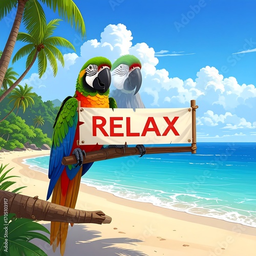 Tropical parrots holding a relax sign