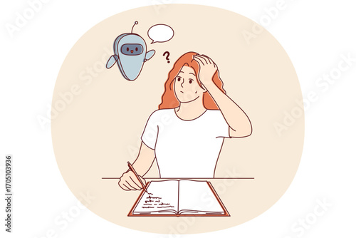 Robot assistant prompts female student sitting at table and writing thesis. Futuristic robot assistant with artificial intelligence flies over girl after advent of innovative technologies