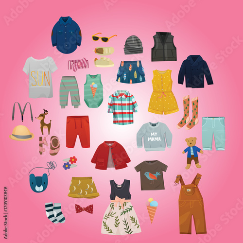 Flat Lay Style Various Kid Garment and Fashion Accessories Collection