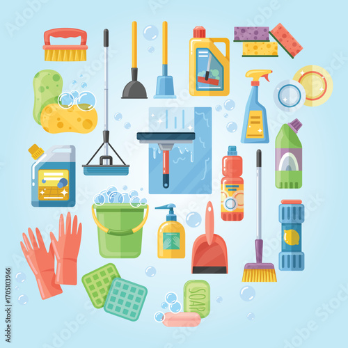 Flat Style Detailed Cleaning Equipment and Supplies Illustration Set