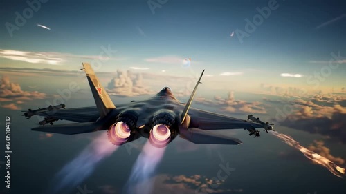Supersonic fighter jet with afterburners blazing, firing flares during an intense aerial combat simulation