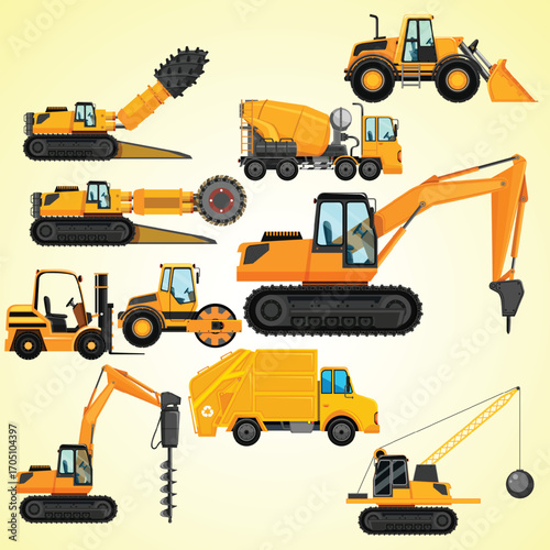 Flat Design Detailed Construction Equipment Illustration Heavy Machinery Collection