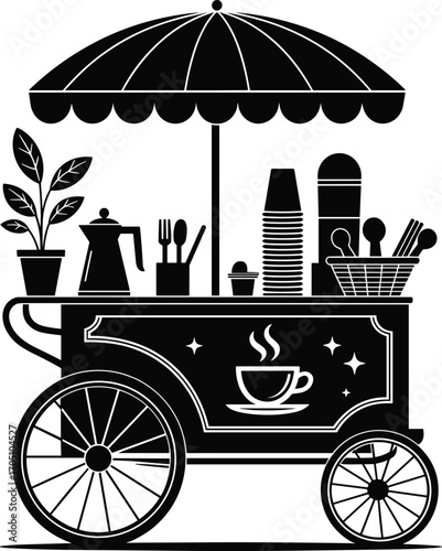 Vintage coffee cart illustration with umbrella, cups, plants, kitchen tools, black and white coffee stand artwork, retro cafe street vendor designVintag