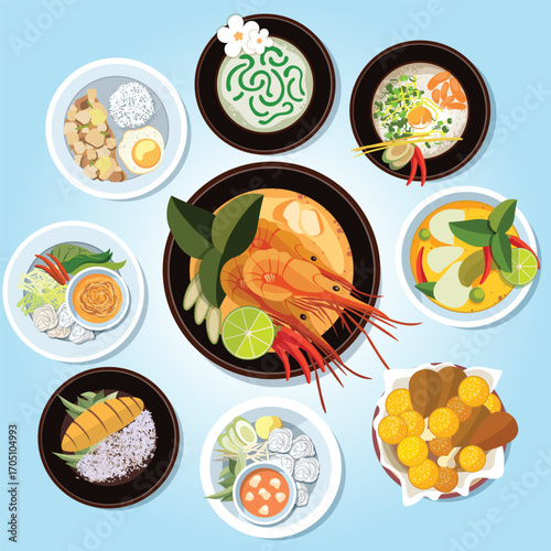 Colorful Flat Illustration Set of Various Thai Dishes Cuisine Meal