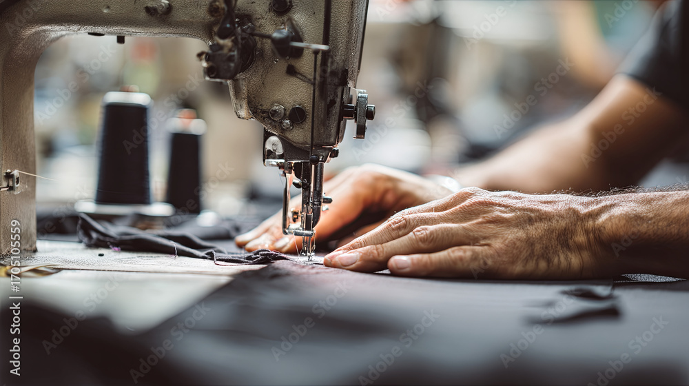 Fototapeta premium Skilled tailor's hands precisely manipulating dark textile beneath industrial sewing machine needle, revealing meticulous garment manufacturing expertise