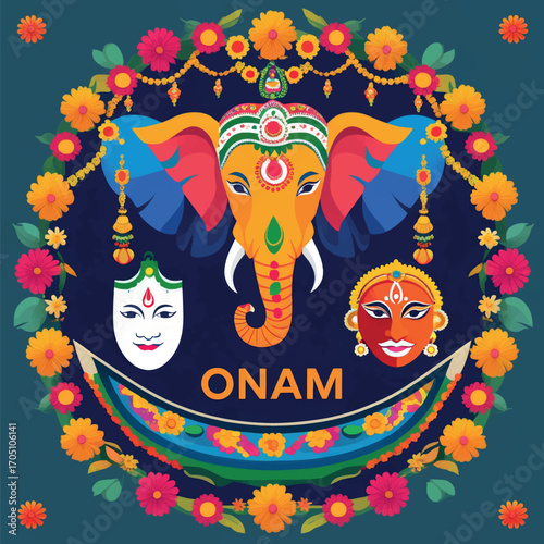 Colorful Onam Festival Design with Elephant and Masks.