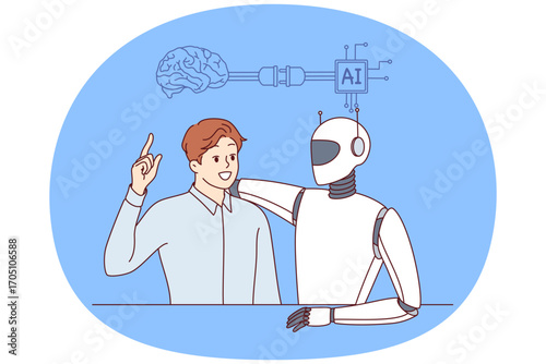 Collaboration of AI and business man using modern technologies or innovations to improve work. Robot with AI hugs colleague proud of implementation of artificial intelligence in job process