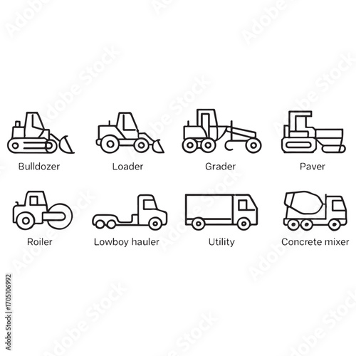 Construction vehicle line icon set vector
