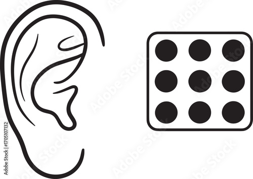 Ear and Black Dots : A minimalist black and white illustration showcases the intricate form of a human ear alongside a square arrangement of nine black dots.