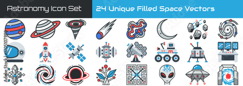 Collection of twenty-four unique space-themed vector icons, depicting planets, spacecraft, celestial events, and extraterrestrial life.