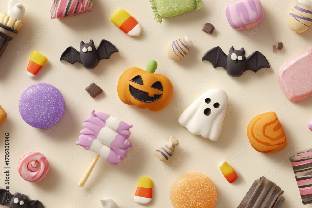 Fototapeta premium Cute Halloween candy and confectionery arranged in playful layout, featuring colorful treats like pumpkin, bats, and ghost shapes, evoking festive and cheerful atmosphere