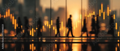 Silhouetted Business People Walking Past Financial Graph in Modern Building
