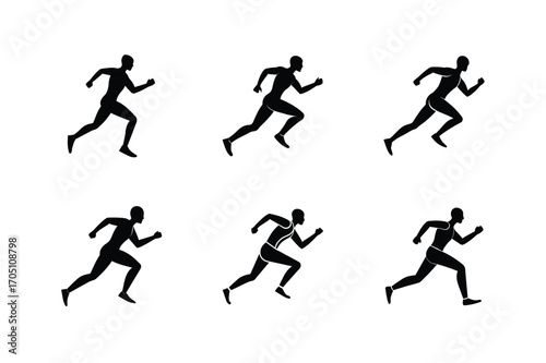 running man silhouette design set, running athlete silhouette art set, jogger man black silhouette set, marathon runner silhouette vector set, fitness running man outline set