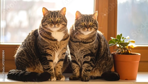Two tabby cats on a windowsill