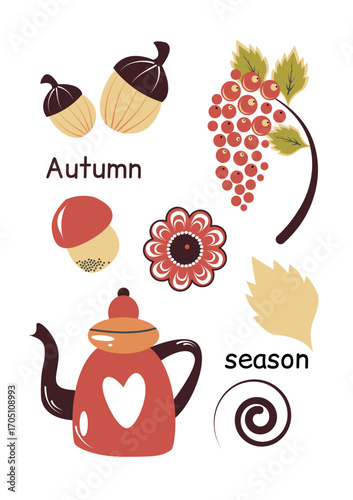Vector set of Autumn elements with Red Teapot, nuts, flowers, mushrooms and Rowan Berries. Cozy autmn illustration hello autumn on white background