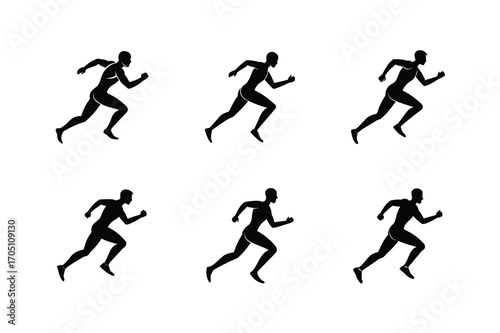 running man silhouette design set, running athlete silhouette art set, jogger man black silhouette set, marathon runner silhouette vector set, fitness running man outline set