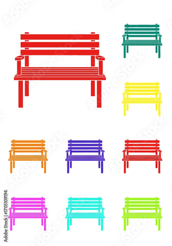 A Set of 9 Colorful Garden Bench Flat Icons on a White Background