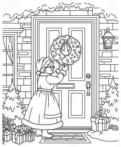 Mrs Claus vector illustration of an elderly woman in festive attire hanging a Christmas wreath on a front door with gifts around drawn in clean cartoon line art style