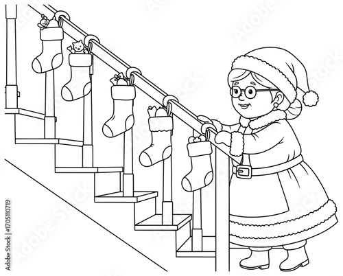 Christmas illustration of Mrs Claus decorating a staircase with festive stockings filled with gifts and toys in a cozy winter holiday home interior