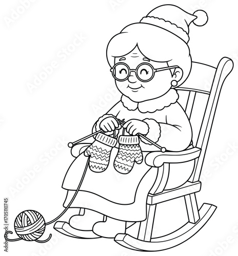 Grandmother vector illustration of an elderly woman sitting in a rocking chair happily knitting cozy patterned mittens with yarn ball beside her