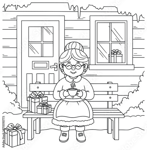 Christmas illustration of Mrs Claus sitting on a wooden bench with wrapped presents and a hot drink in front of a cozy festive cabin in winter