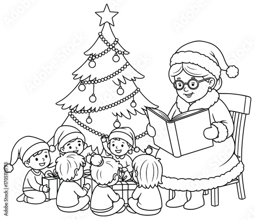 Grandmother vector illustration of an elderly woman reading a book to children in festive hats while sitting near a decorated Christmas tree with gifts
