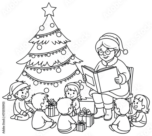 Grandmother vector illustration of an elderly woman wearing festive clothes reading a storybook to children gathered near a decorated Christmas tree with presents