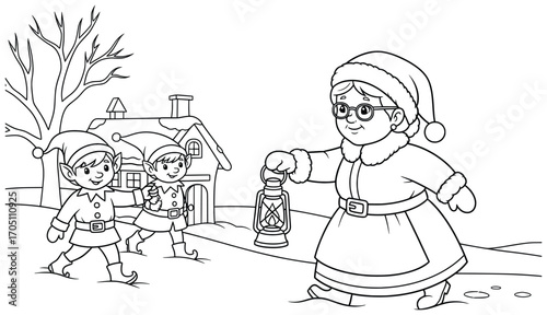 Grandmother vector illustration of an elderly woman in festive clothes holding a lantern while walking outside in the snow with cheerful Christmas elves nearby