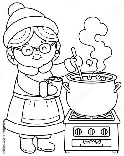 Grandmother vector illustration of an elderly woman in festive clothes happily cooking a steaming pot of soup on a stove while holding a cup of ingredients