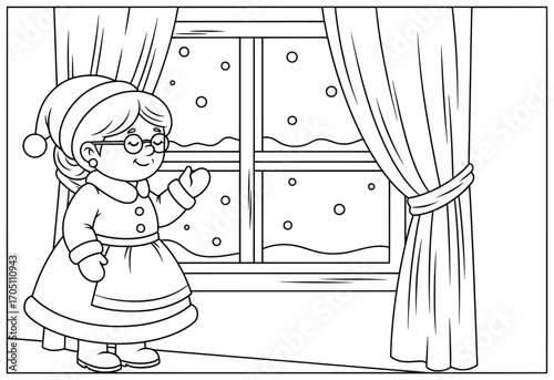 Grandmother vector illustration of an elderly woman in festive clothes standing by a window with curtains while watching snow falling outside during winter