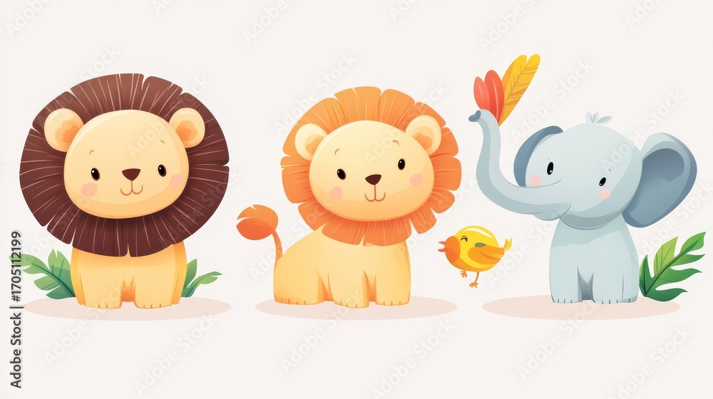 Naklejka premium 64.Vector set of cute jungle animals like a happy lion, chubby elephant, cheerful monkey, and colorful parrot, all illustrated with simple shapes, soft gradients, and playful expressions.