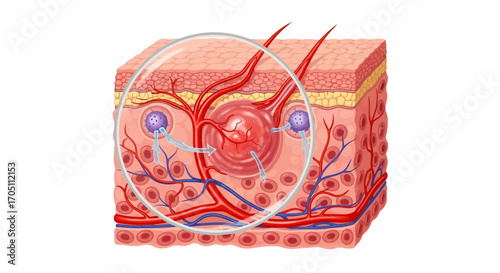 Understanding the inflammatory response in skin with a magnified view showing blood vessels and immune cells