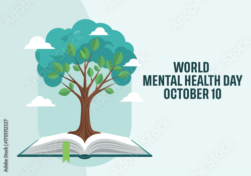 vector illustration of a large tree growing from an open book for a World Mental Health Day concept of knowledge, wisdom, and mental growth.