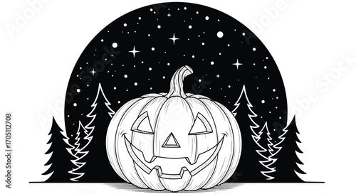 Vector illustration of halloween pumpkin in starry night forest