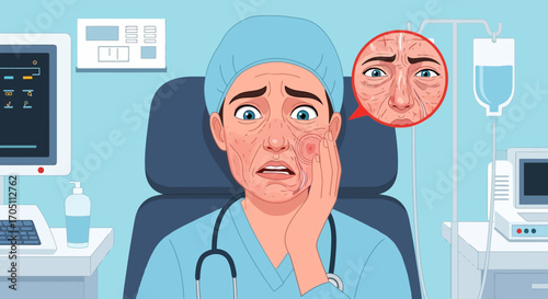 Worried medical professional shows face with skin disease, highlighting dermatology health concerns in sterile hospital