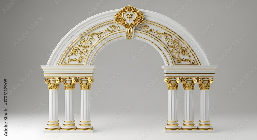 Fototapeta premium Ornate golden and white architectural arch with intricate designs isolated on white background