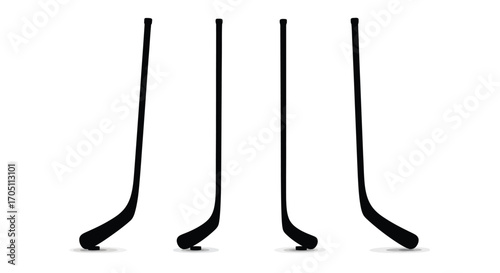 Four black hockey sticks with curved blades facing downward on a vector