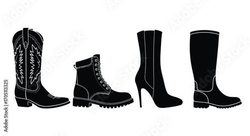 Slika na platnu Collection of four distinct styles of black leather boots arranged side by side