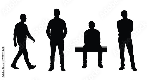 Silhouettes of four men standing walking and sitting in diverse poses and styles vector