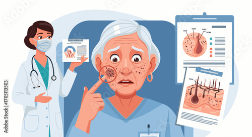 Concerned senior woman receives skin cancer diagnosis from doctor in modern clinic for healthcare campaign