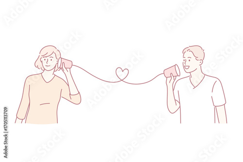 Happy Valentines day holiday concept. Happy smiling young cute couple calling card on paper phone listening and talking communicating vector illustration