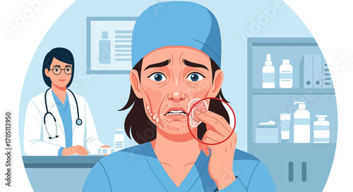 Upset patient with skin problems consults doctor about treatment in clinical setting for diagnosis and care